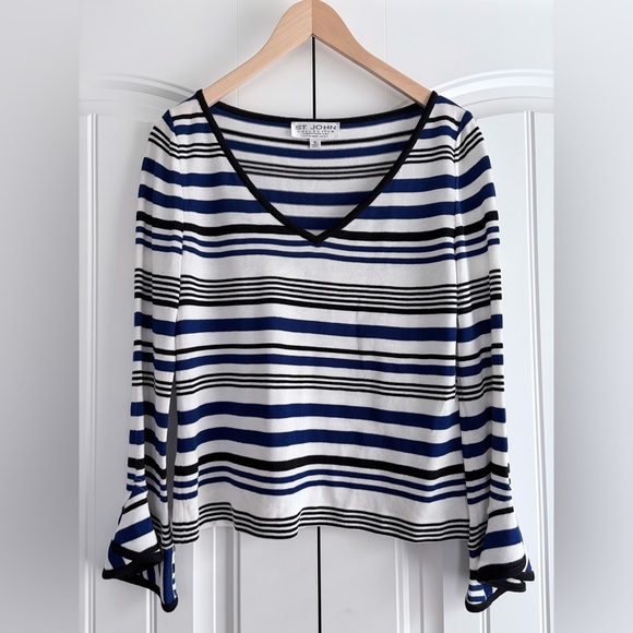St. John Sweaters - St. John Collection Striped V Neck Long‎ Sleeve Top Bell Cuffs Women's Size 10